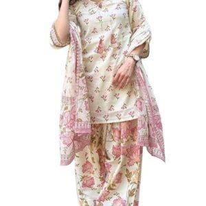 KLOSIA Women’s Floral Printed Farshi Salwar Suit Set with Dupatta | Straight Kurta, Wide-Leg Salwar&Dupatta | Traditional Ethnic Wear Set | Kurta Sets for Women