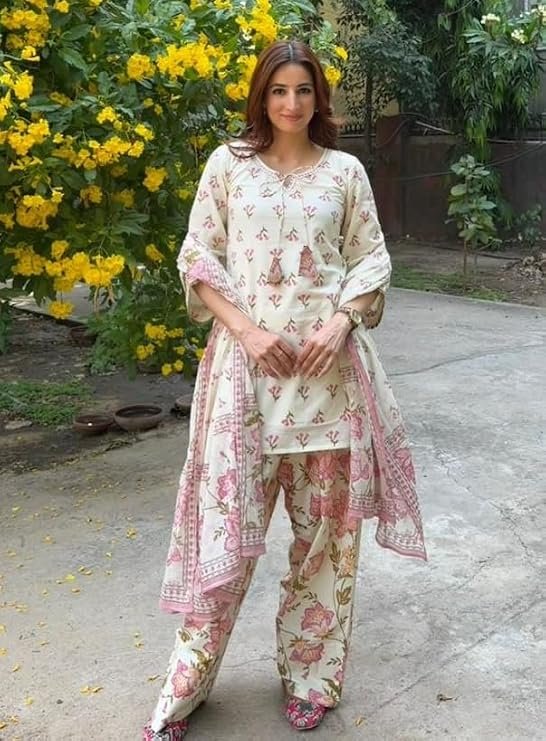 KLOSIA Women’s Floral Printed Farshi Salwar Suit Set with Dupatta | Straight Kurta, Wide-Leg Salwar&Dupatta | Traditional Ethnic Wear Set | Kurta Sets for Women - Image 3