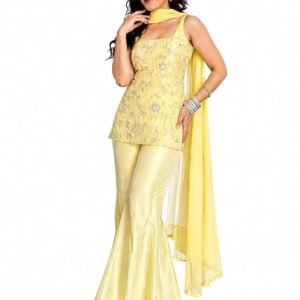 Women's Embroidered Kurta Sharara Dupatta Set | Sleeveless Straight Kurta with Floral Embroidery | Flared Pants | Ethnic Wear Suit Set | Lime Yellow