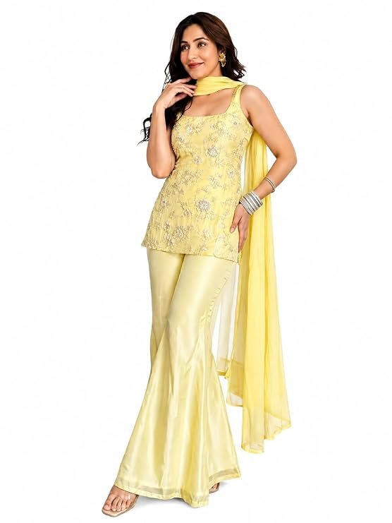 Women's Embroidered Kurta Sharara Dupatta Set | Sleeveless Straight Kurta with Floral Embroidery | Flared Pants | Ethnic Wear Suit Set | Lime Yellow