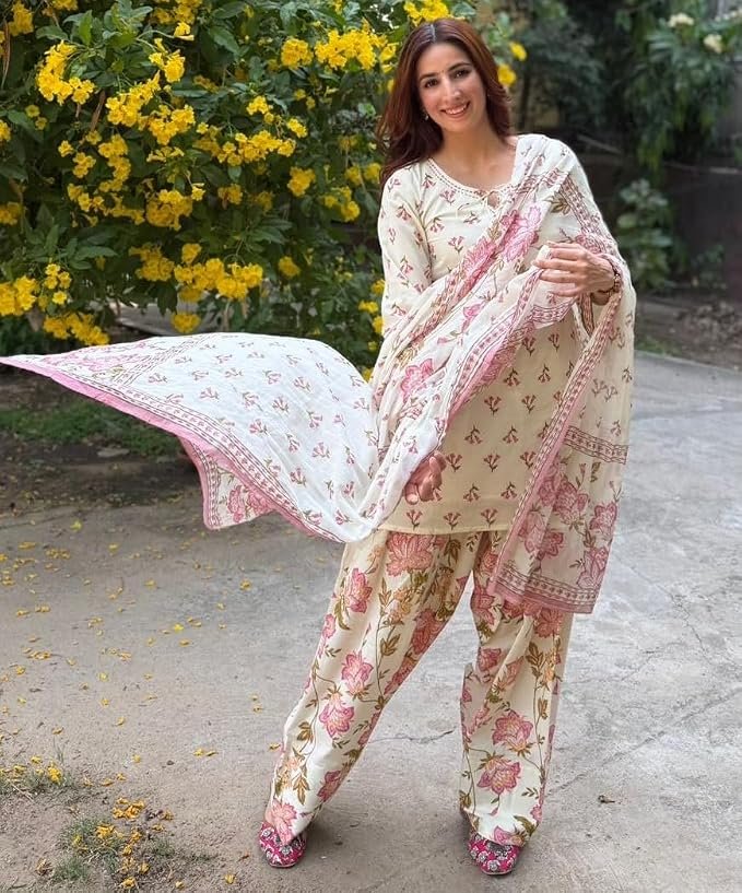KLOSIA Women’s Floral Printed Farshi Salwar Suit Set with Dupatta | Straight Kurta, Wide-Leg Salwar&Dupatta | Traditional Ethnic Wear Set | Kurta Sets for Women - Image 2