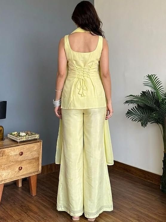 Women's Embroidered Kurta Sharara Dupatta Set | Sleeveless Straight Kurta with Floral Embroidery | Flared Pants | Ethnic Wear Suit Set | Lime Yellow - Image 2