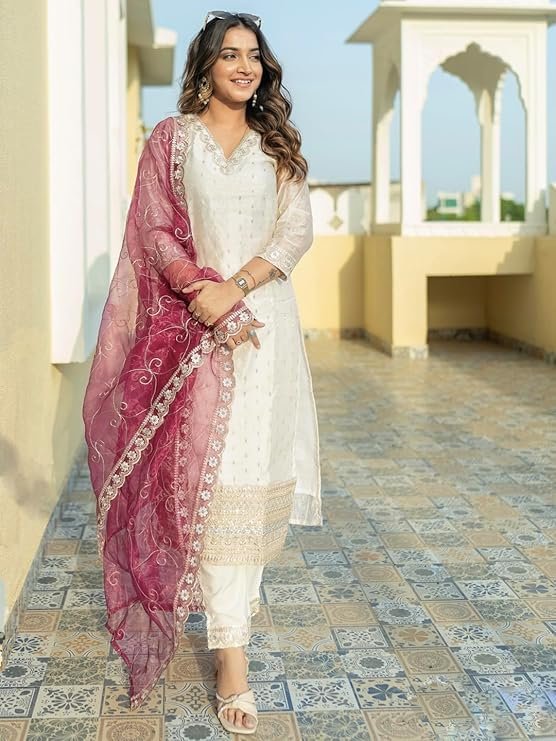 VredeVogel Women's Chanderi Silk Embroidered Kurta with Pant & Organza Dupatta Set | Casual Outfit Ethnic Kurta Set for Women | Modern & Traditional Blend Ethnic Wear - Image 3