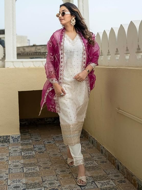 VredeVogel Women's Chanderi Silk Embroidered Kurta with Pant & Organza Dupatta Set | Casual Outfit Ethnic Kurta Set for Women | Modern & Traditional Blend Ethnic Wear - Image 2