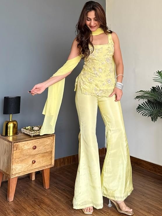 Women's Embroidered Kurta Sharara Dupatta Set | Sleeveless Straight Kurta with Floral Embroidery | Flared Pants | Ethnic Wear Suit Set | Lime Yellow - Image 3